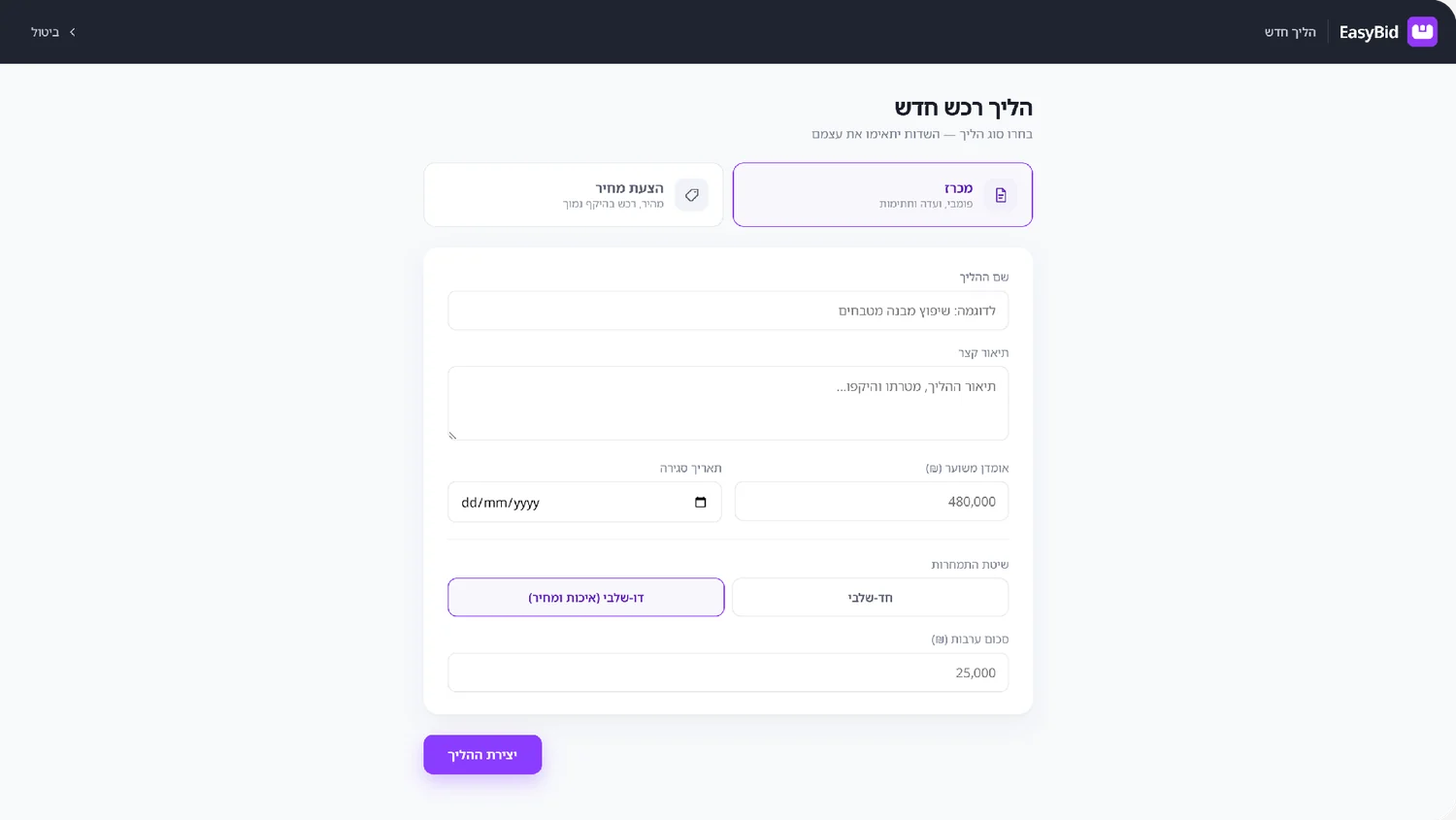 מסך הקמת מכרז חדש במערכת EasyBid, עם שדות שם ההליך, תאריך סגירה ואומדן